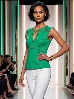 Eden Elegant Green Studded Sleeveless Top with gold studs, statement piece!